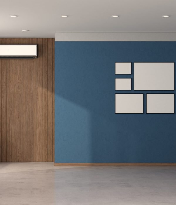 Empty blue room with air conditioner on a wooden panel- 3d rendering